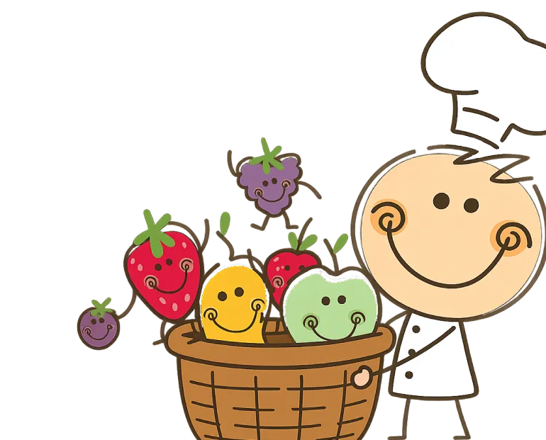 Feli mascot with a basket of smiling fruit characters